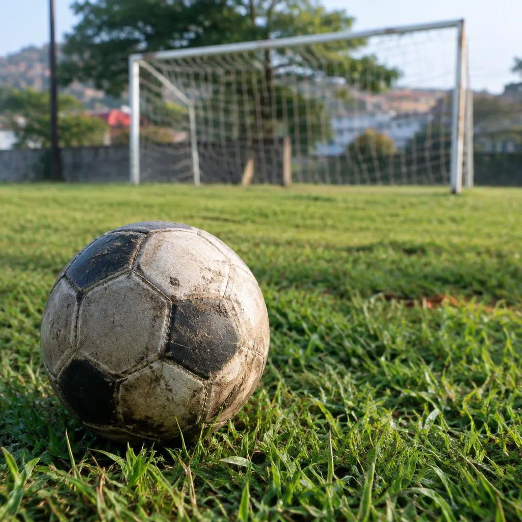 Bola de futebol no gramado perto do gol